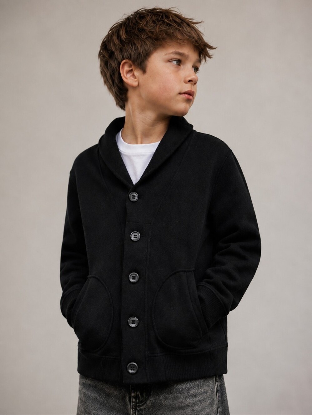 Zara Boys Shawl Collar Cardigan Sweatshirt Jacket Black Button Up 9-10Y
